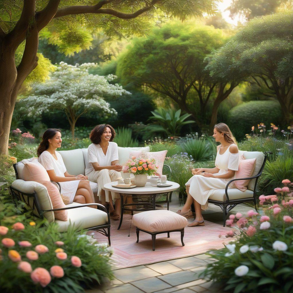 A serene gathering of diverse individuals in a lush garden, sharing smiles and heartfelt conversations, surrounded by blooming flowers symbolizing growth and support. Sunlight filters through the leaves, creating a warm and inviting atmosphere. Soft pastel colors enhance the feeling of calm and positivity. cozy seating arrangements with cushions and a tea table in the center. painting.