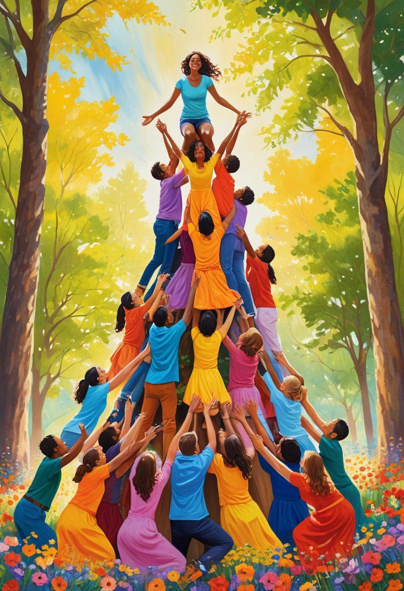 A diverse group of friends gathered in a sunlit park, sharing smiles and laughter while building a colorful human pyramid. Surrounding them are vibrant flowers and fluttering butterflies, symbolizing joy and support. In the background, tall trees represent strength and safety. The atmosphere is warm and inviting, showcasing the essence of community and connection. painting. vibrant colors. cheerful mood.