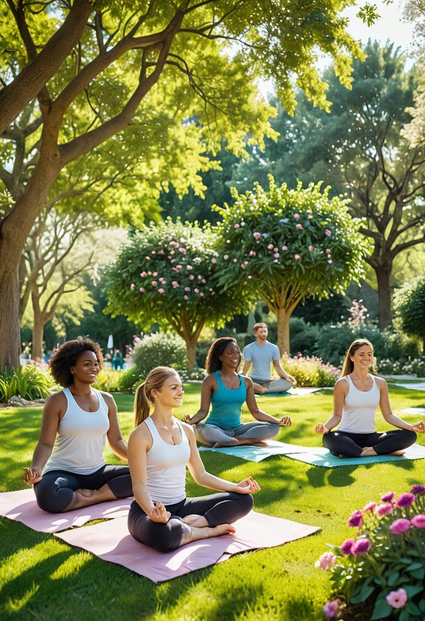 A serene park scene depicting diverse individuals engaged in mindfulness activities such as yoga, meditation, and journaling under soft, dappled sunlight. Vibrant flowers and trees surround them, symbolizing growth and wellness. In the background, a community group is smiling and sharing, showcasing warmth and cheerfulness. Soft pastel colors to invoke a sense of calm and positivity. super-realistic. vibrant colors. white background.
